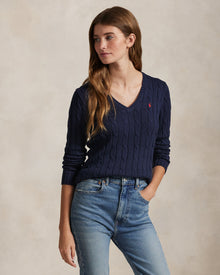 Ralph Lauren Women Cable-Knit Cotton V-Neck Sweater  -  Hunter Navy