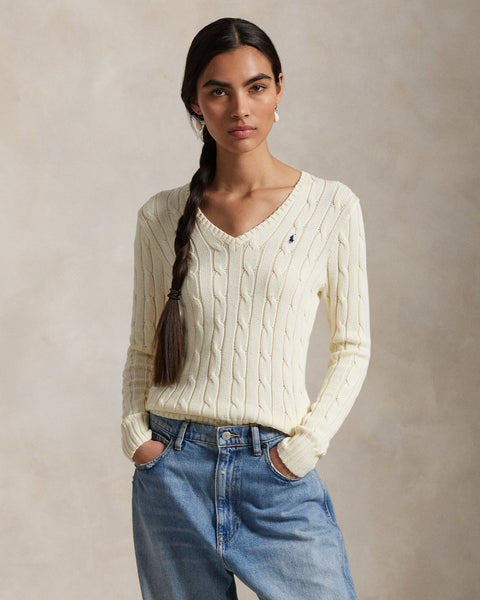 Ralph Lauren Women Cable-Knit Cotton V-Neck Sweater  -  Cream