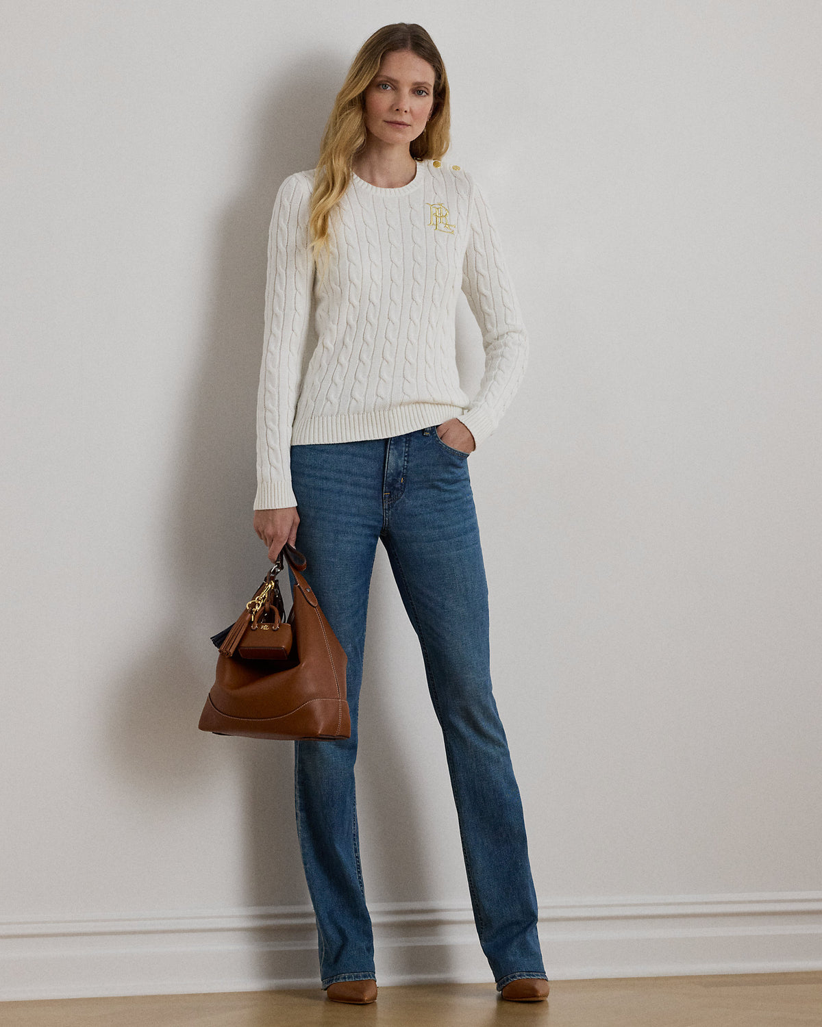Ralph Lauren Women Button-Trim Cable-Knit Cotton Sweater  -  Mascarpone Cream