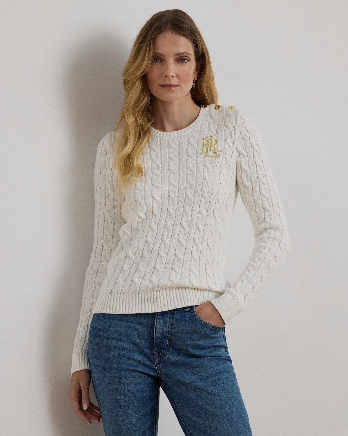 Ralph Lauren Women Button-Trim Cable-Knit Cotton Sweater  -  Mascarpone Cream