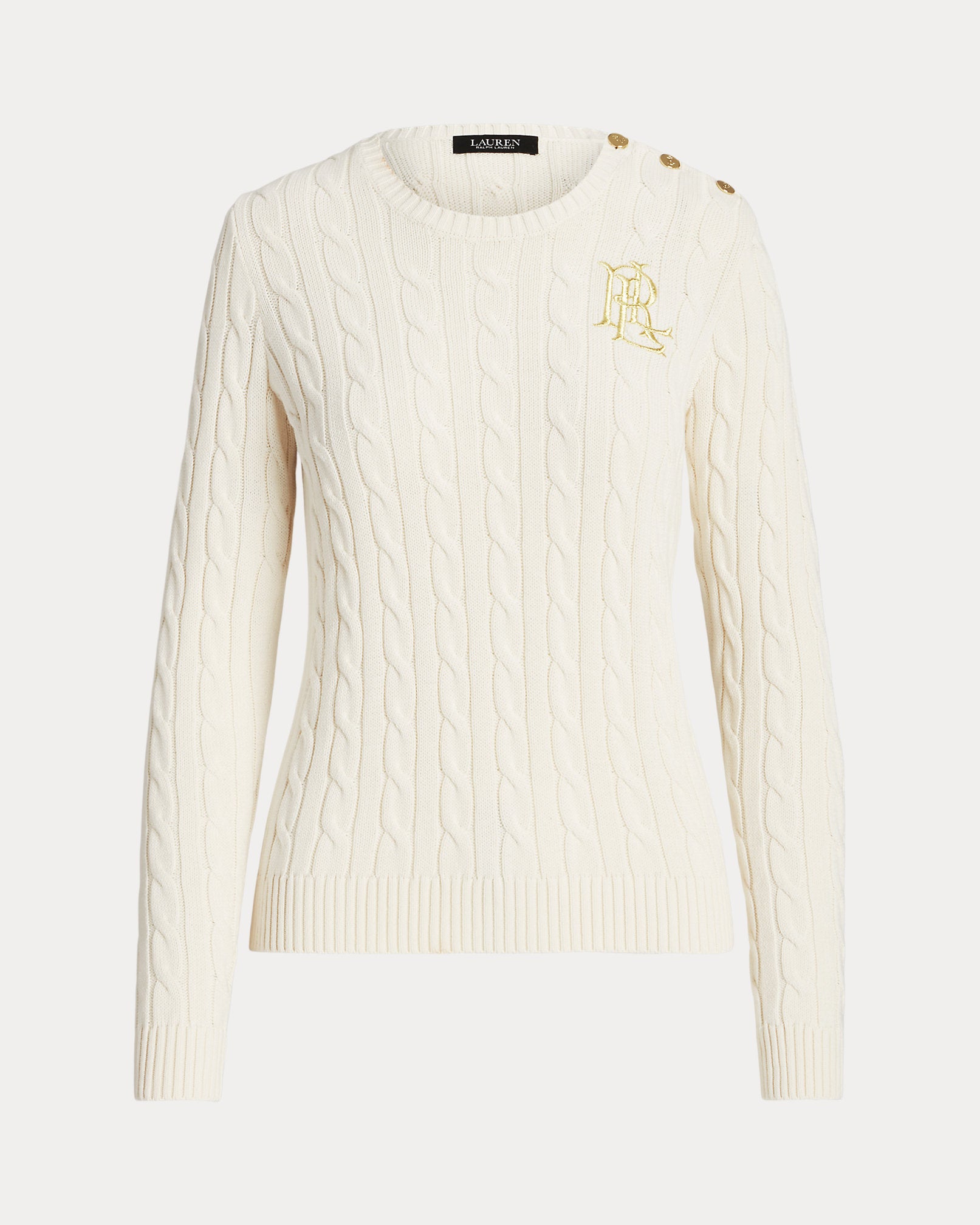Ralp Lauren Button-Trim Cable-Knit Cotton Sweater- Mascarpone Cream