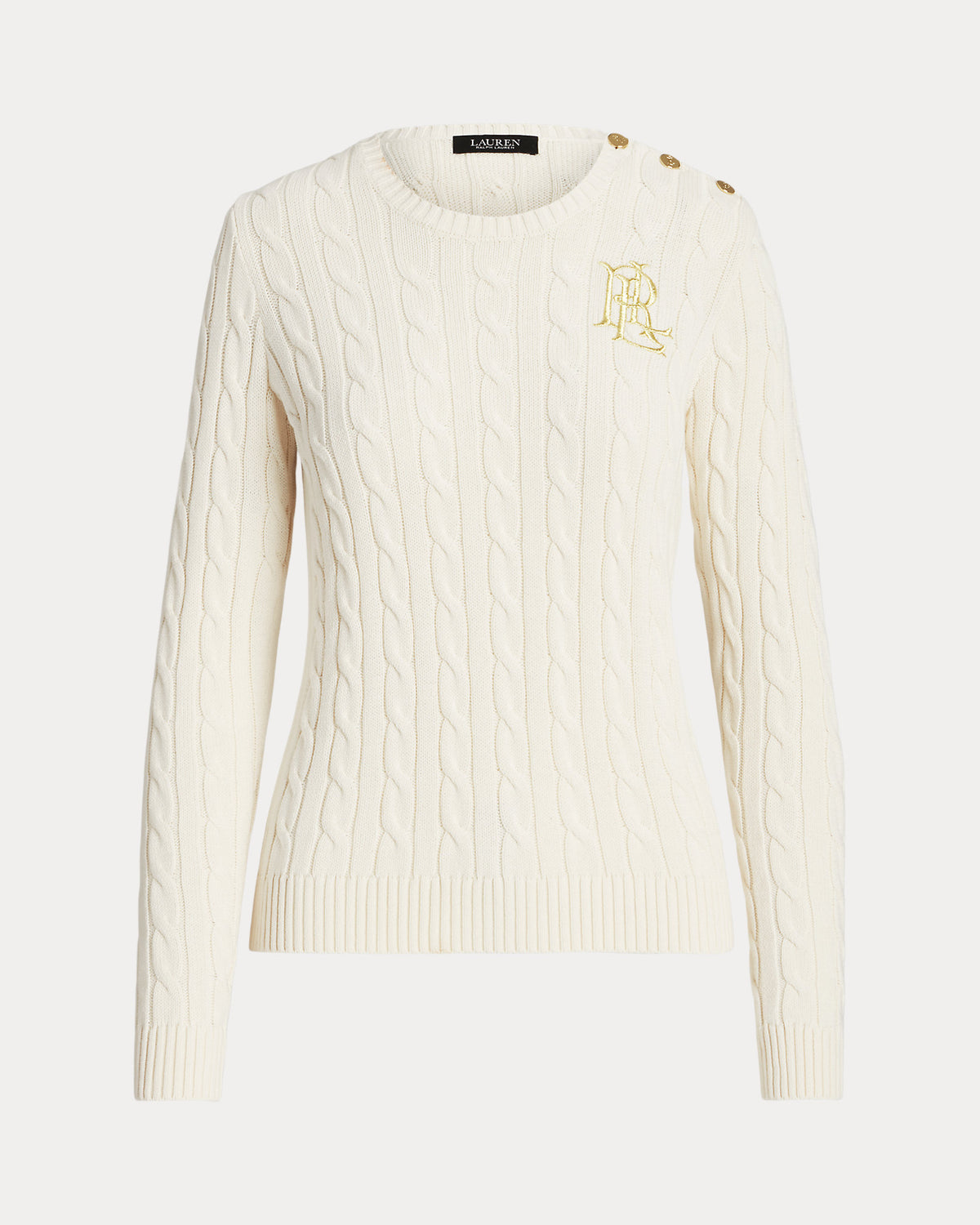 Ralph Lauren Women Button-Trim Cable-Knit Cotton Sweater  -  Mascarpone Cream