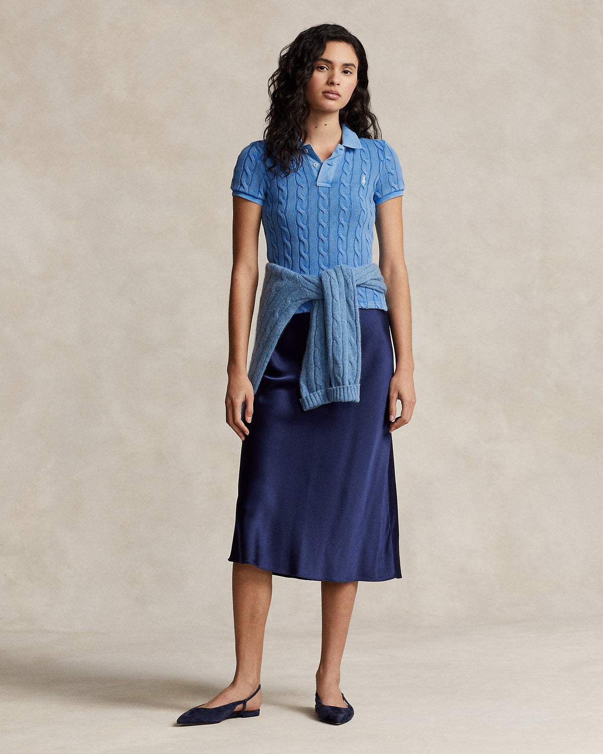 Ralph Lauren Women Cable-Knit Polo Shirt  -  Colby Blue