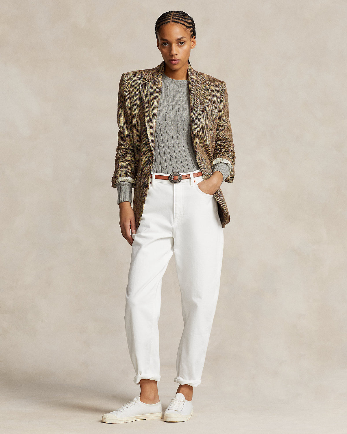Ralph Lauren Women Cable-Knit Cotton Crewneck Sweater  -  Fawn Grey Heather