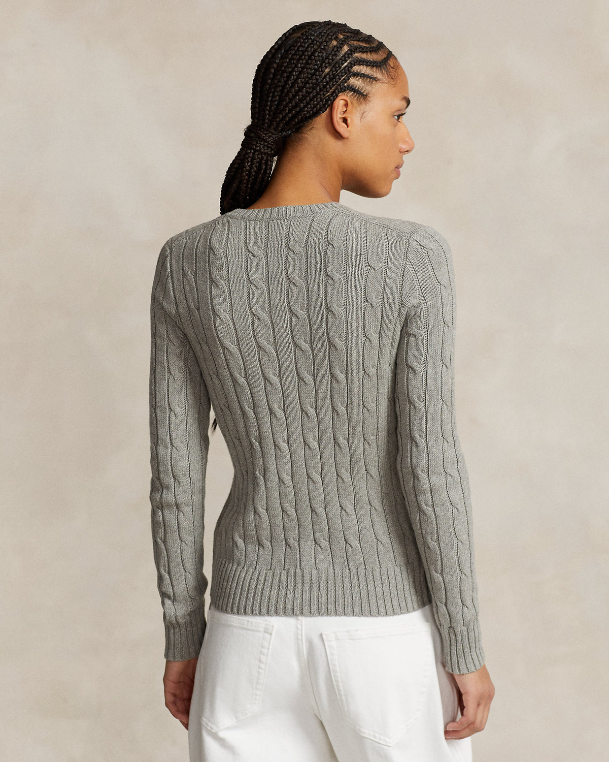 Ralph Lauren Women Cable-Knit Cotton Crewneck Sweater  -  Fawn Grey Heather