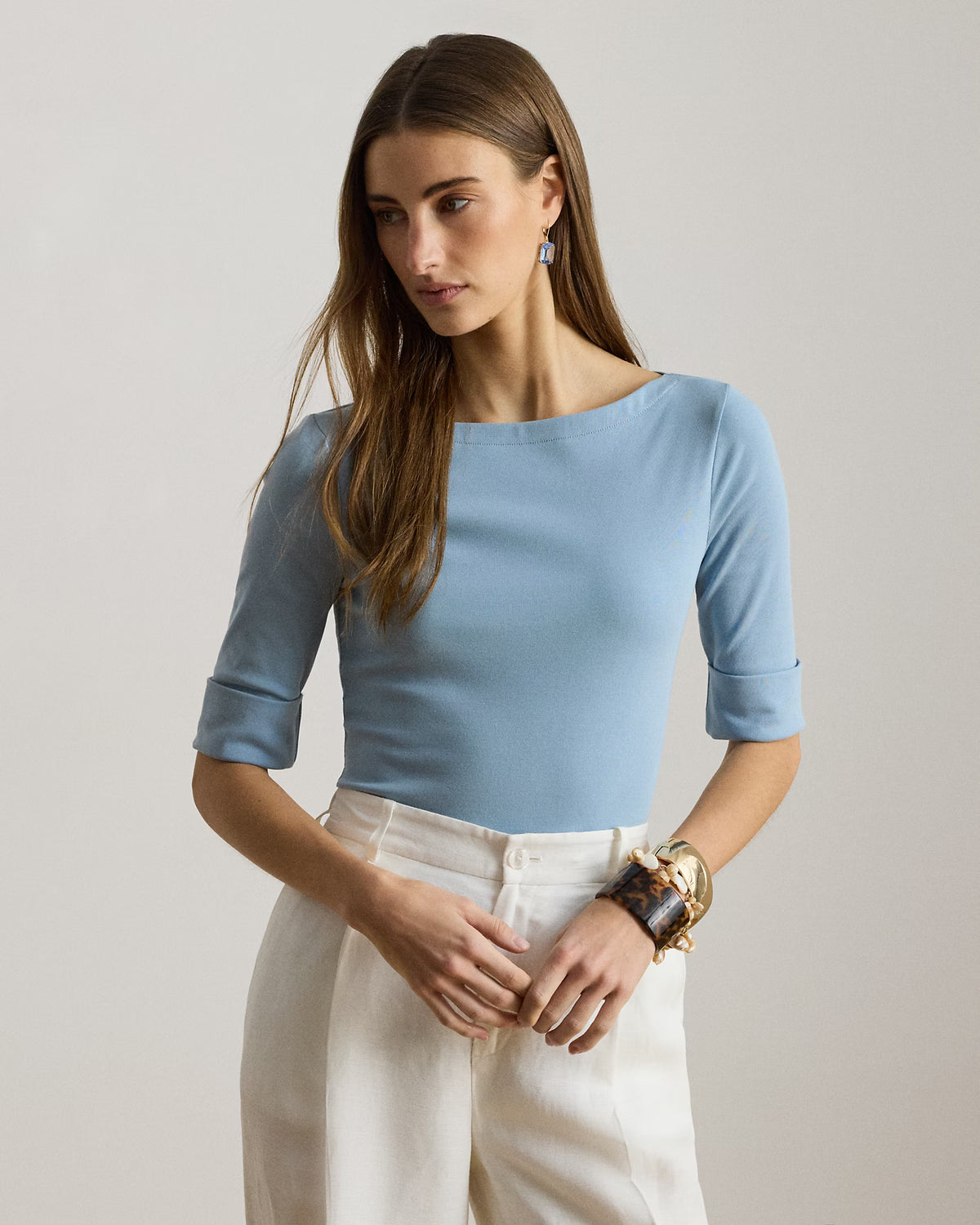 Ralph Lauren Women Stretch Cotton Boatneck Tee  -  Blue Note