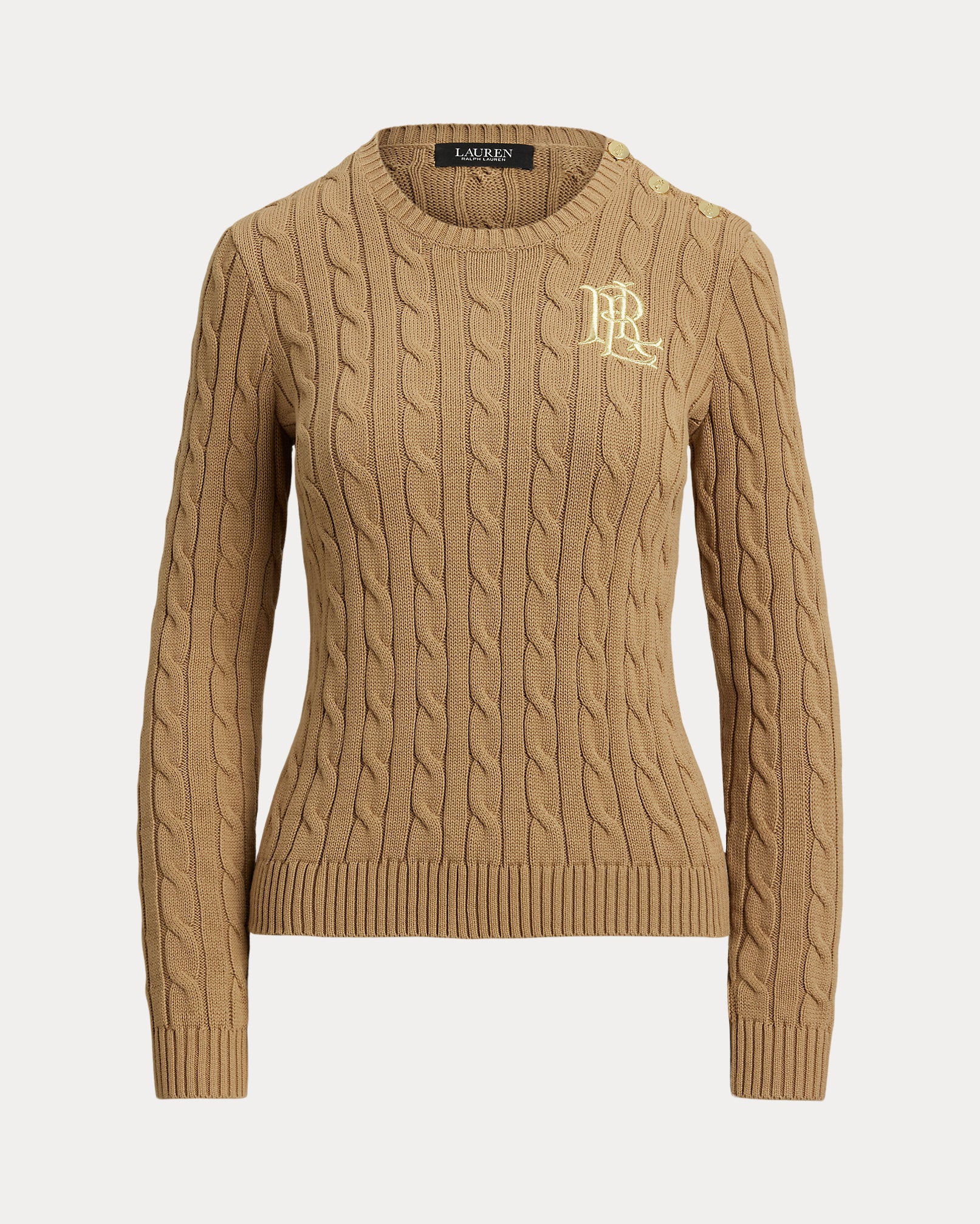 Ralp Lauren Button-Trim Cable-Knit Cotton Sweater-Classic Camel