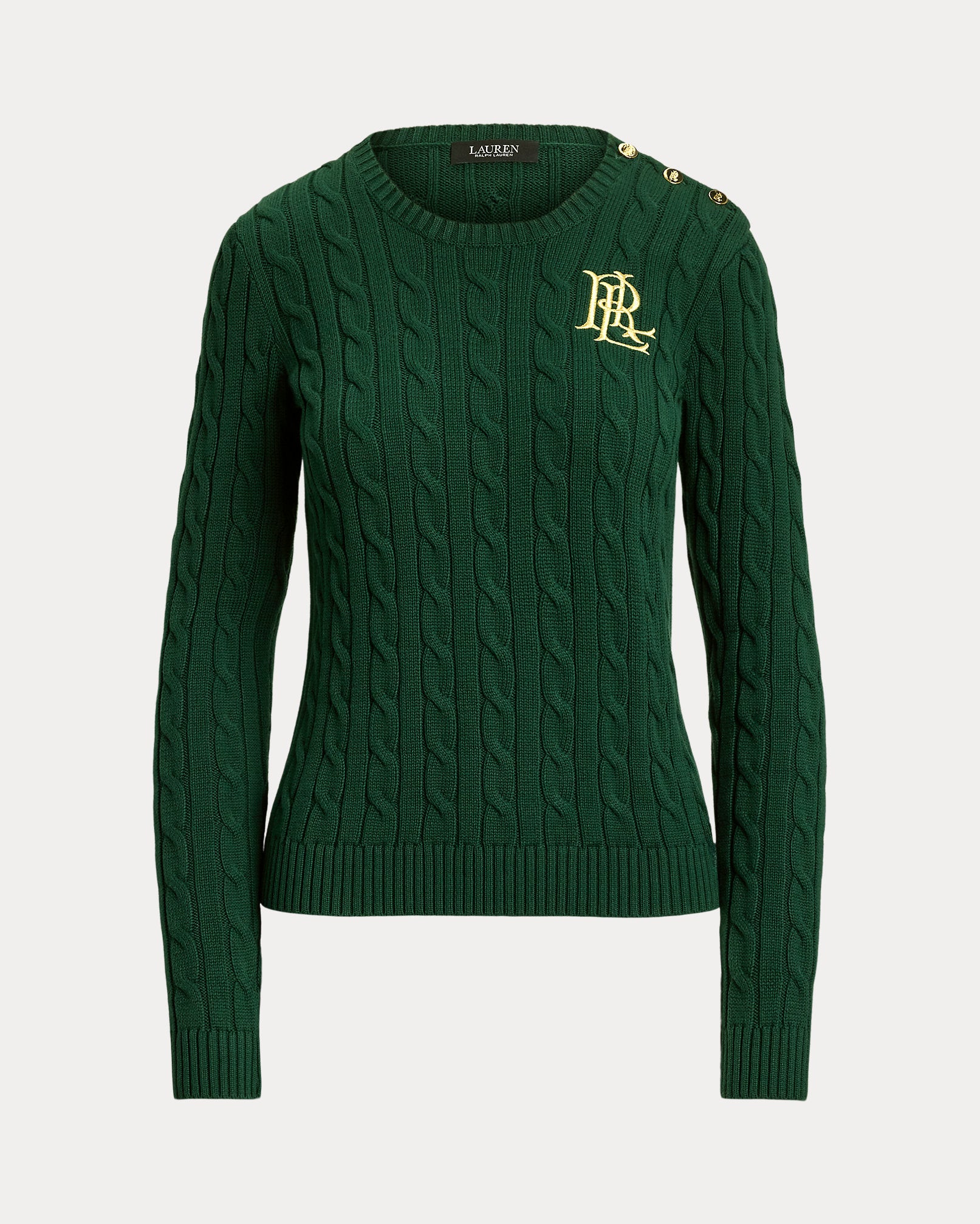 Ralp Lauren Button-Trim Cable-Knit Cotton Sweater- Deep Pine