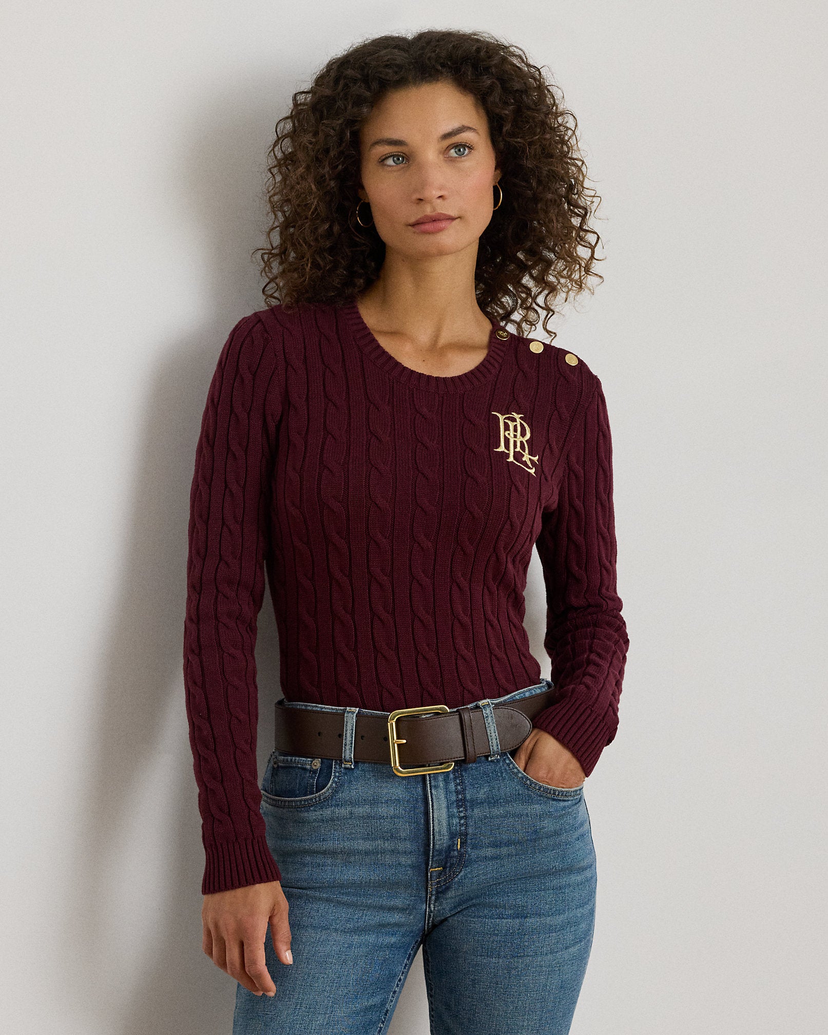 Ralp Lauren Button-Trim Cable-Knit Cotton Sweater- Dark Garnet ...