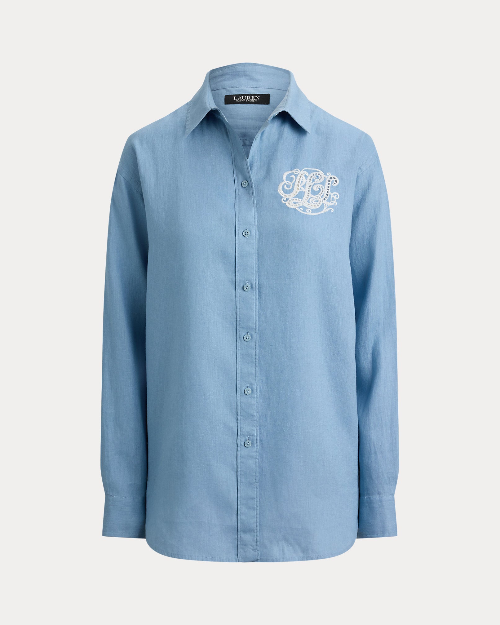Ralph Lauren Women Relaxed Fit Eyelet-Logo Linen Shirt  -  Blue Note