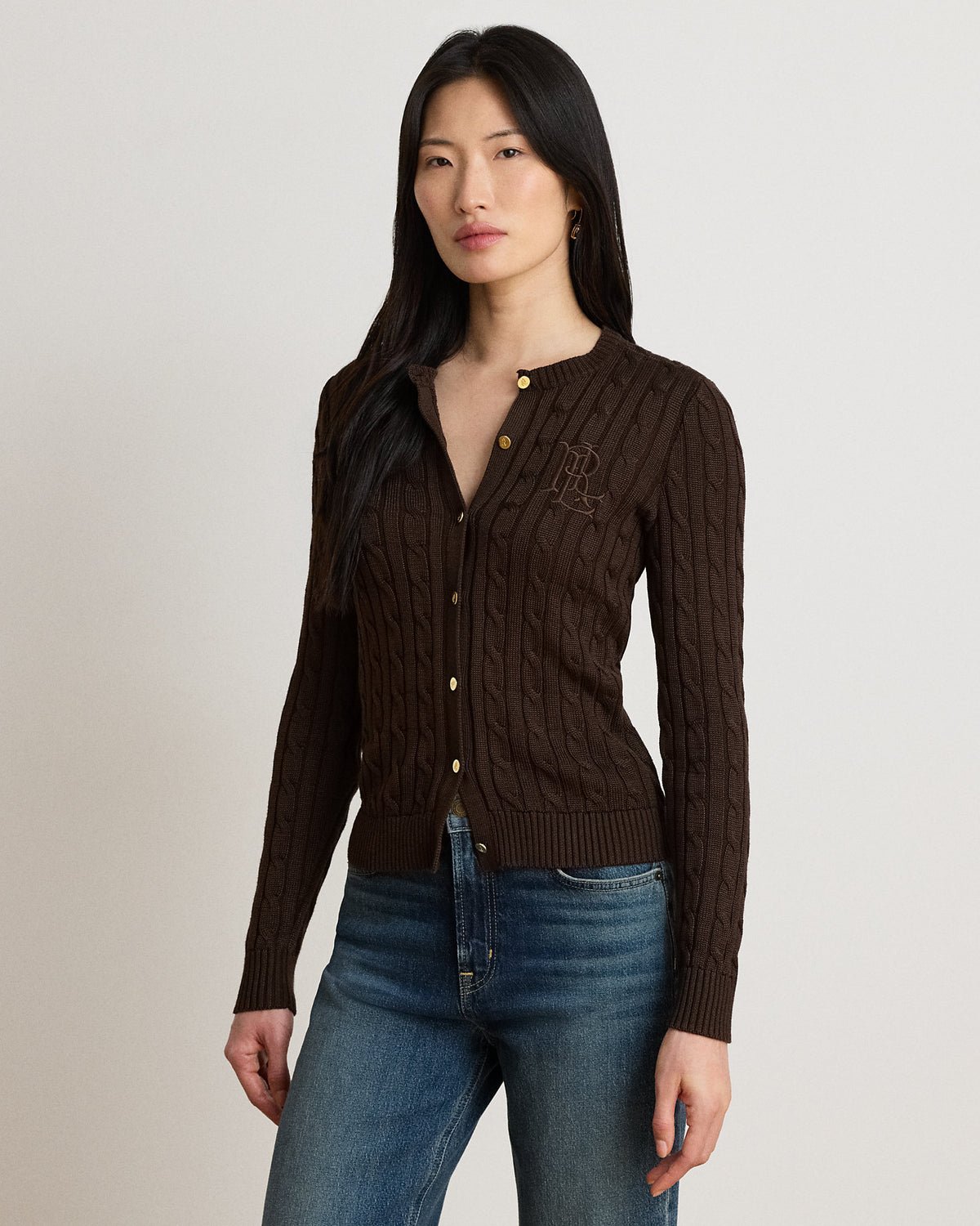 Ralph Lauren Cable-Knit Cotton-Blend Cardigan- Circuit Brown
