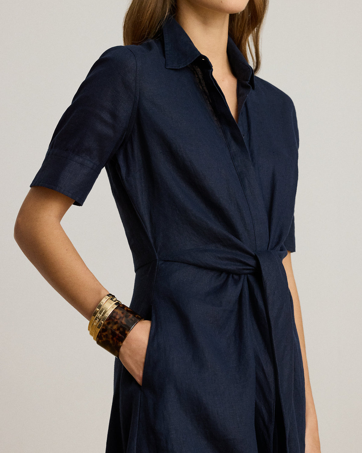 Ralph Lauren Women Tie-Front Linen Shirtdress  -  Lauren Navy