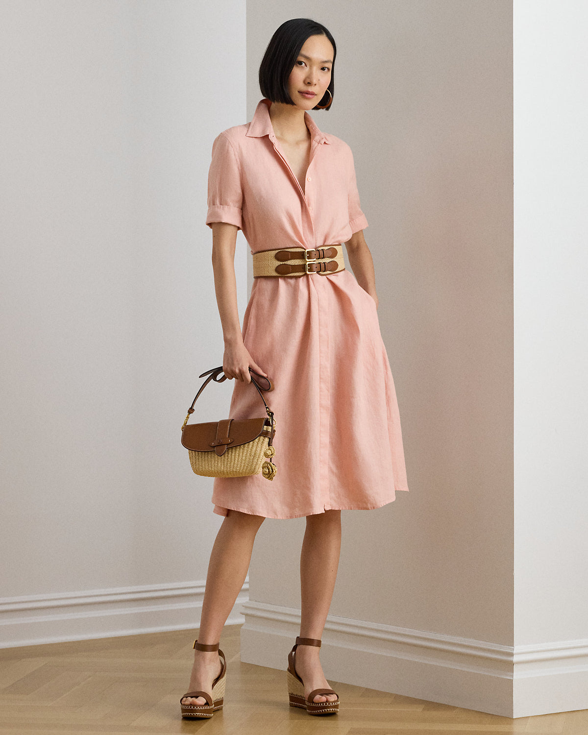 Ralph Lauren Women Tie-Front Linen Shirtdress  -  Pink Rhodonite