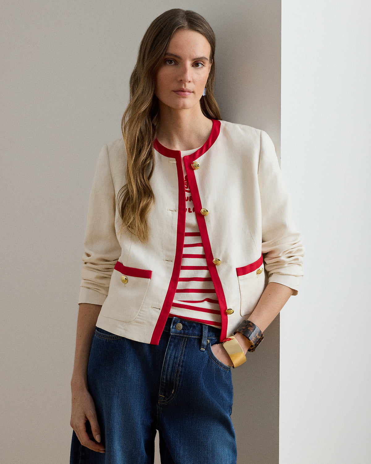 Ralph Lauren Women Two-Tone Linen-Blend Twill Blazer-Mascarpone Cream/Red