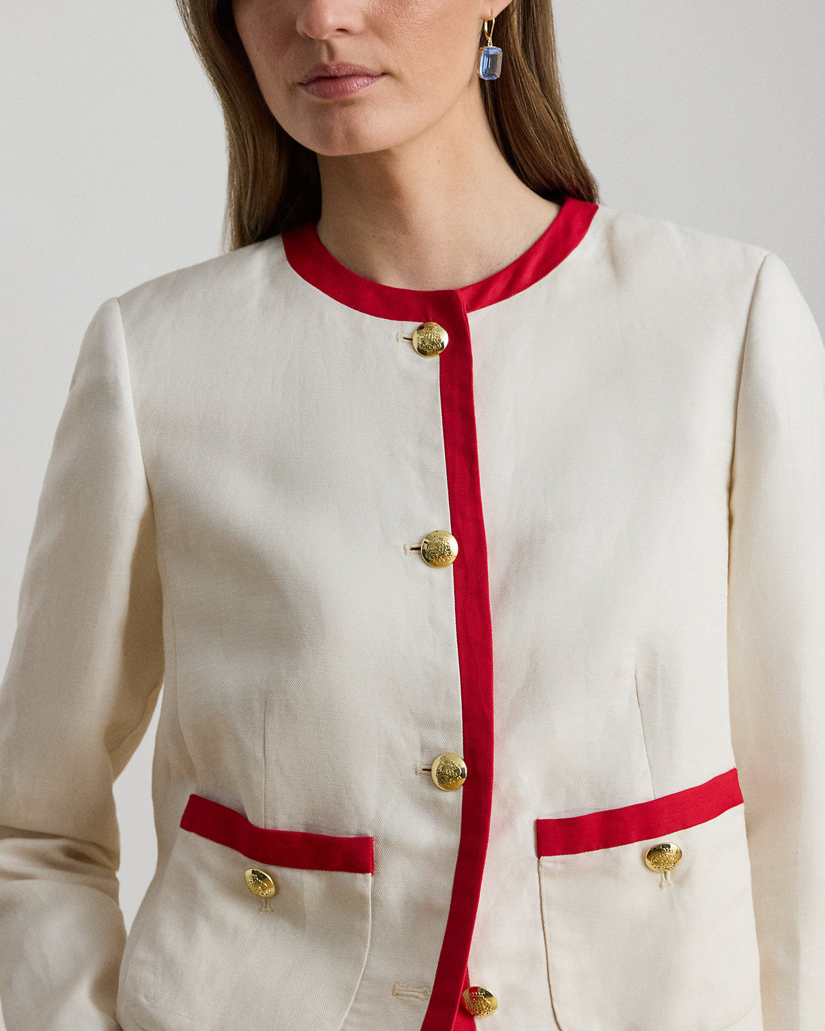 Ralph Lauren Women Two-Tone Linen-Blend Twill Blazer-Mascarpone Cream/Red
