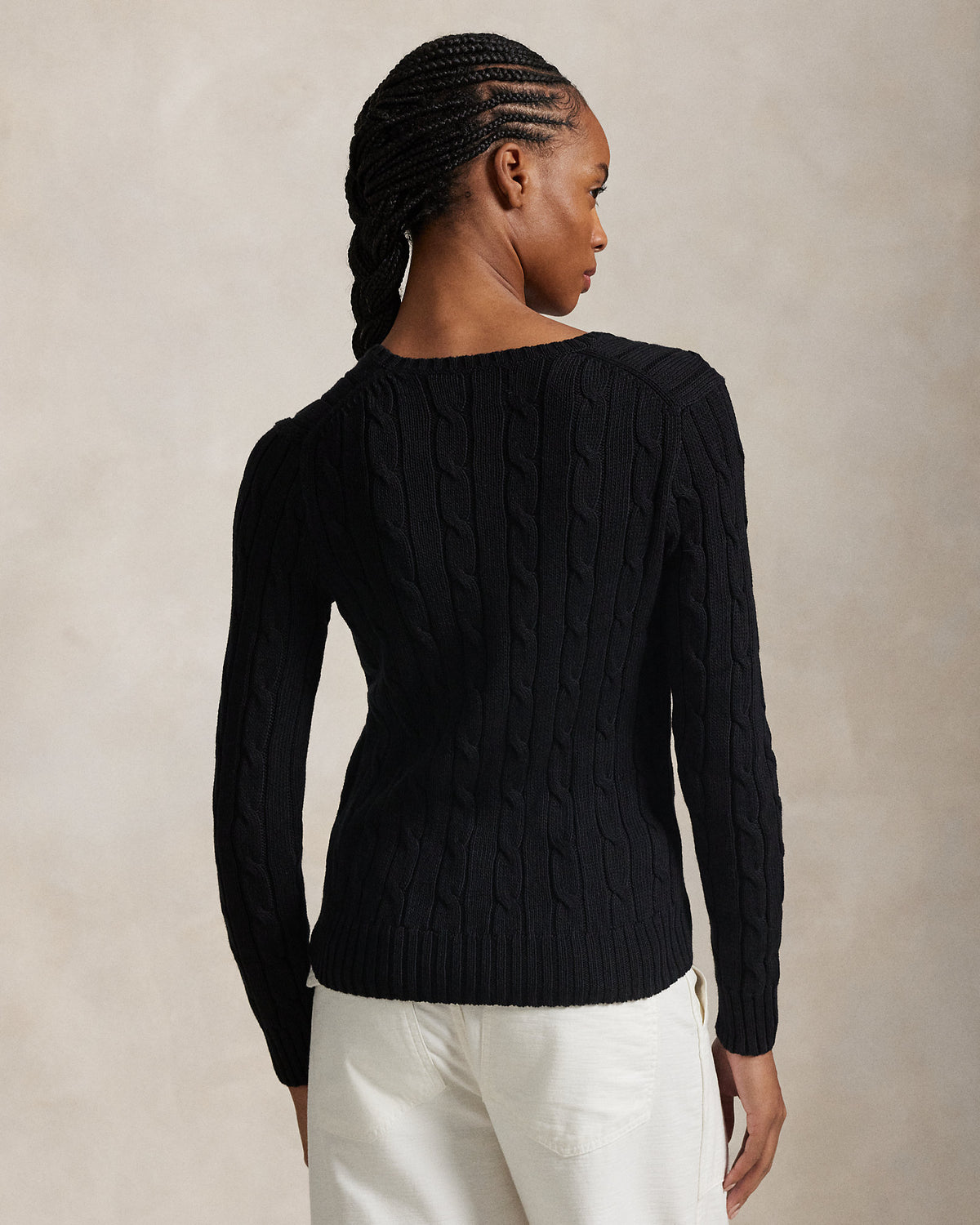 Ralph Lauren Women Cable-Knit Cotton V-Neck Sweater  - OUTLET -  Polo Black/White