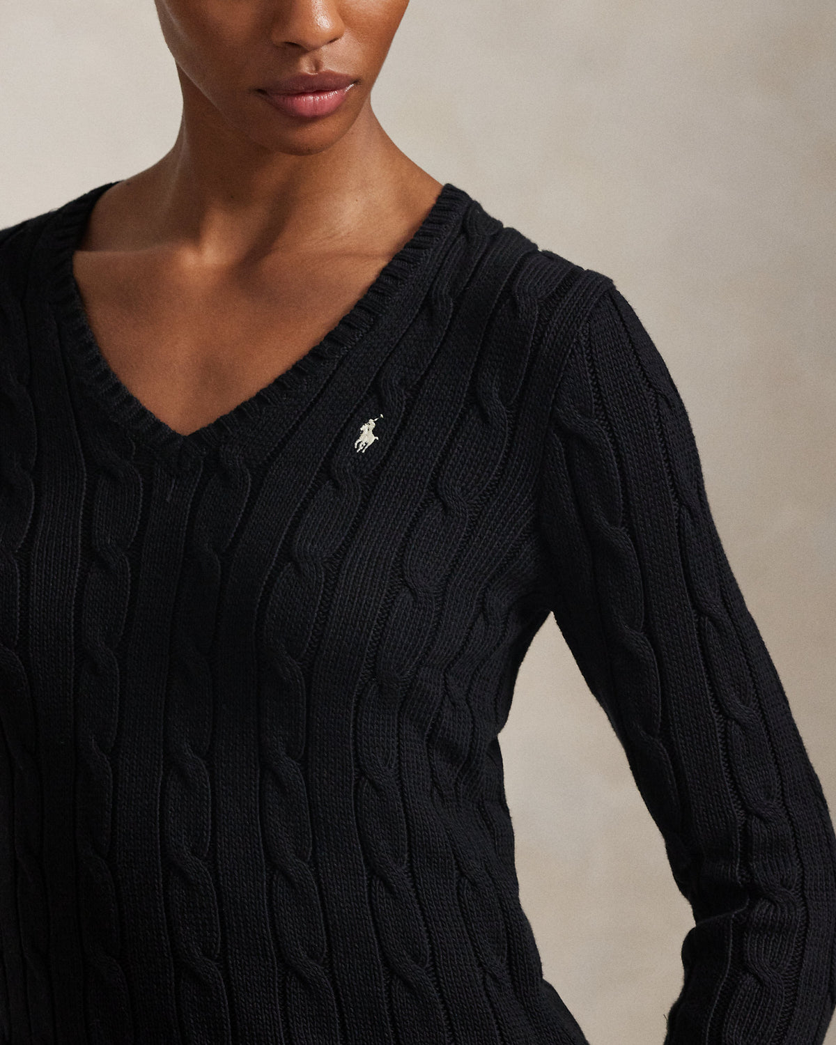 Ralph Lauren Women Cable-Knit Cotton V-Neck Sweater  - OUTLET -  Polo Black/White