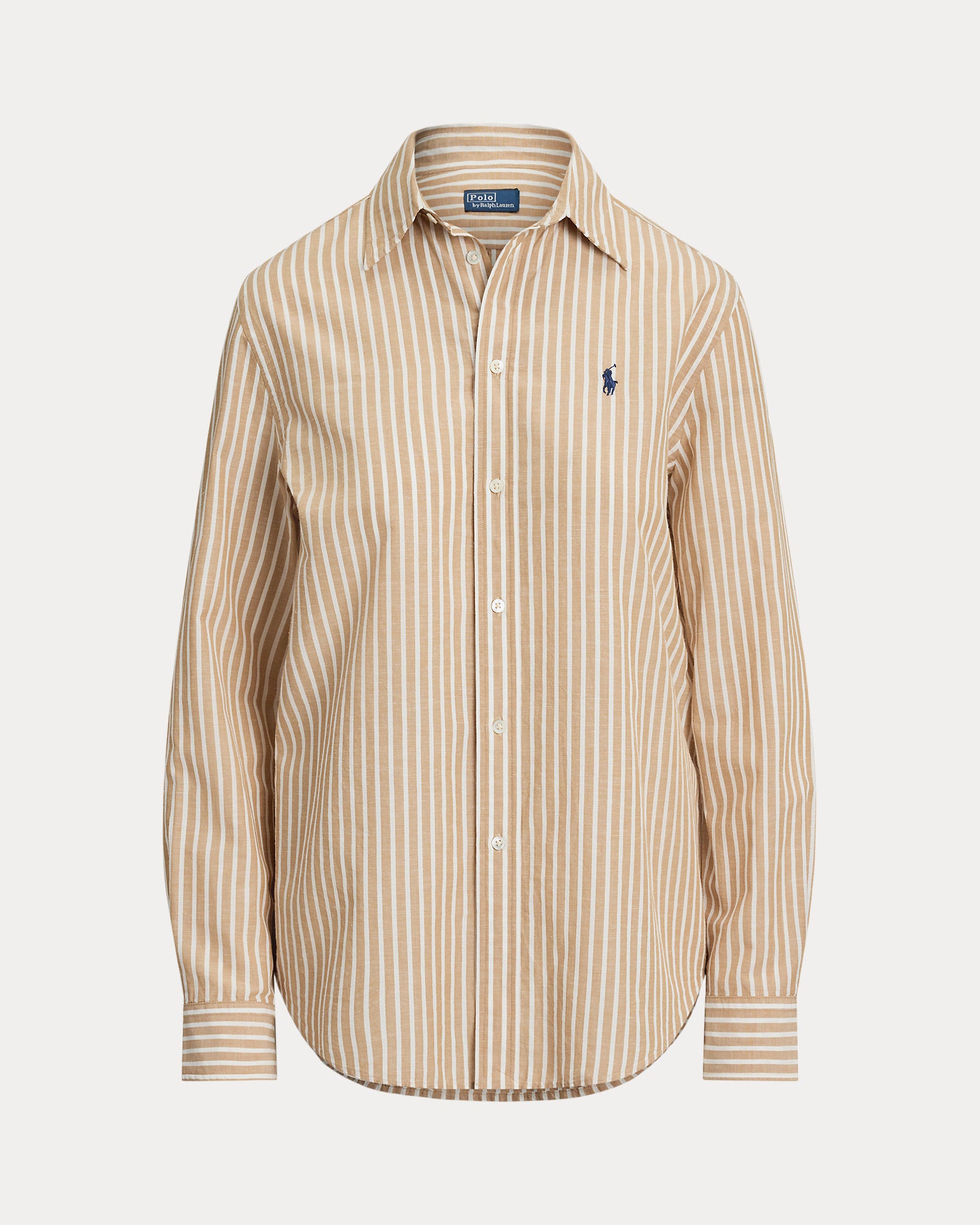 Ralph Lauren Women Classic Fit Striped Cotton-Linen Shirt  -  Classic Camel/White