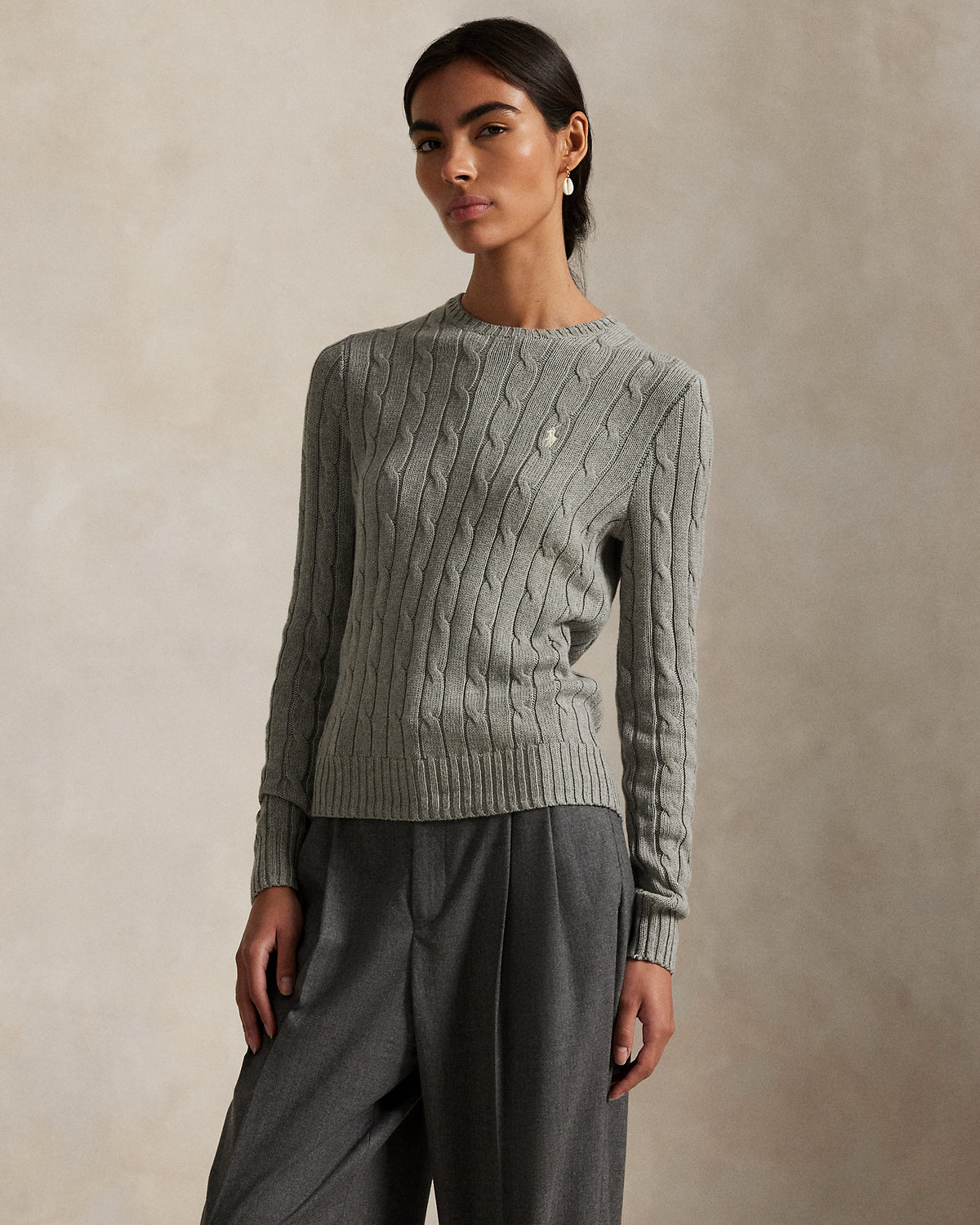 Ralph Lauren Women Cable-Knit Cotton Crewneck Sweater  -  Fawn Grey Heather