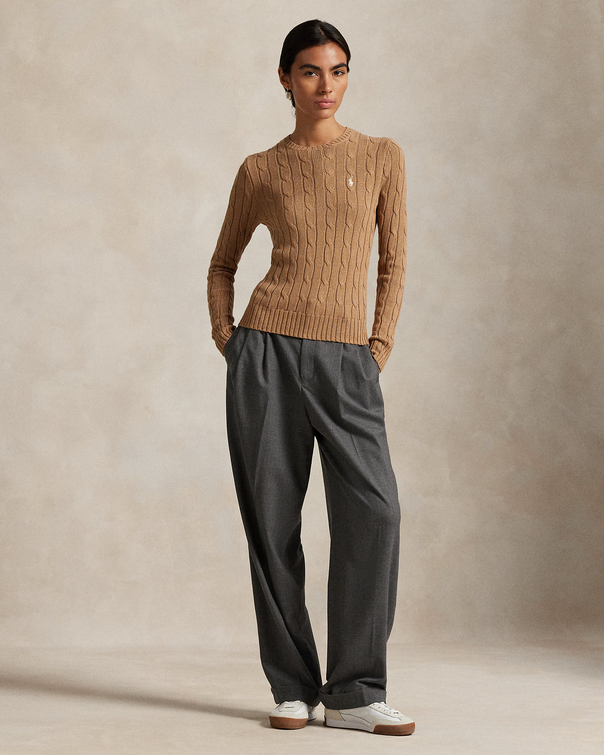 Ralph Lauren Women Cable-Knit Cotton Crewneck Sweater- Camel Melange