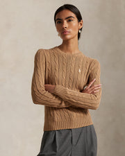 Ralph Lauren Women Cable-Knit Cotton Crewneck Sweater- Camel Melange