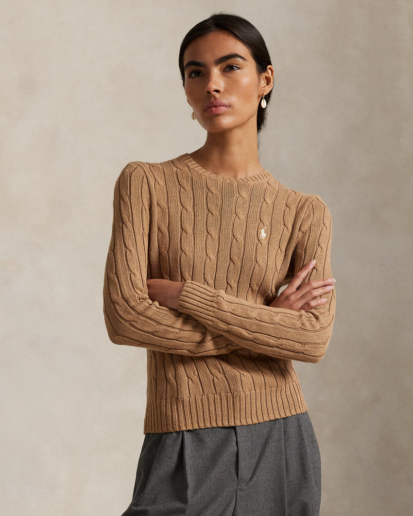 Ralph Lauren Women Cable-Knit Cotton Crewneck Sweater- Camel Melange