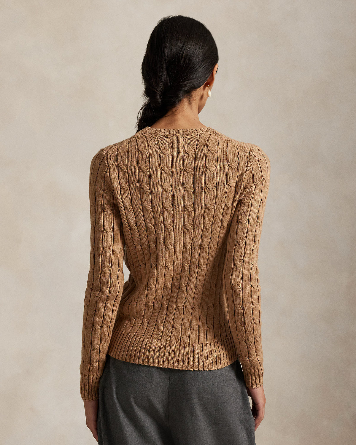 Ralph Lauren Women Cable-Knit Cotton Crewneck Sweater- Camel Melange