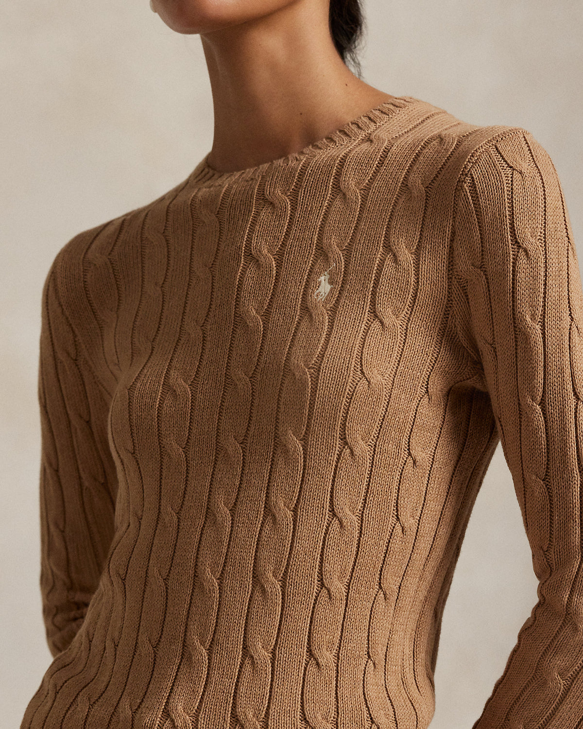 Ralph Lauren Women Cable-Knit Cotton Crewneck Sweater- Camel Melange