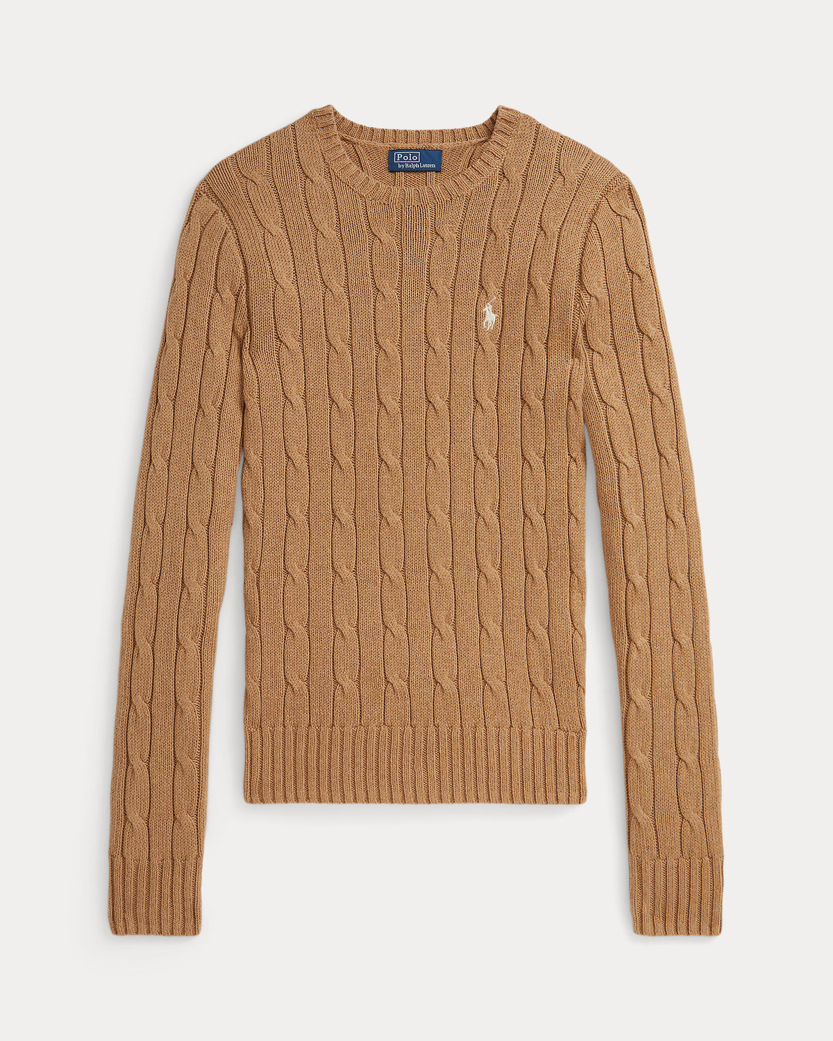 Ralph Lauren Women Cable-Knit Cotton Crewneck Sweater- Camel Melange