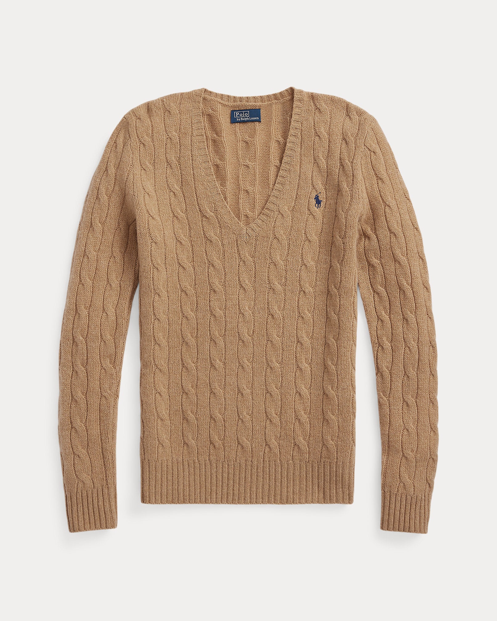 Ralph Lauren Women's Cable-Knit Wool-Cashmere V-Neck Sweater-Collection Camel Melange