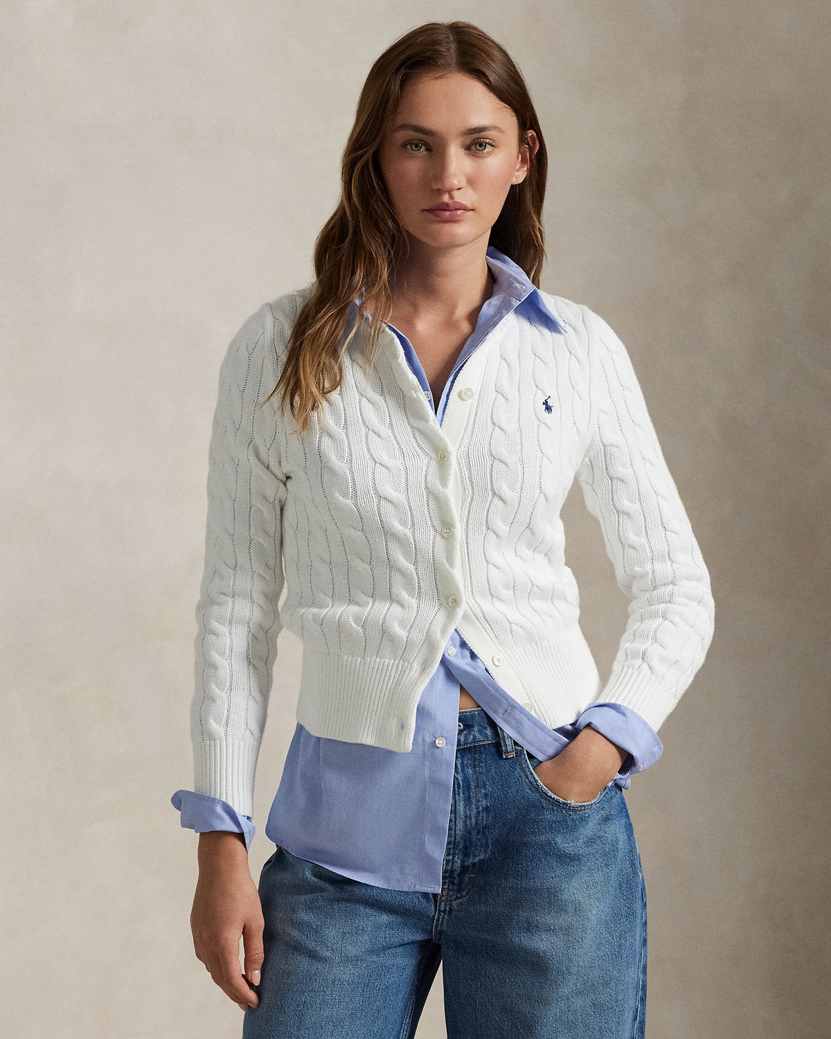 Ralph Lauren Women Cable-Knit Cotton Crewneck Cardigan  -  White