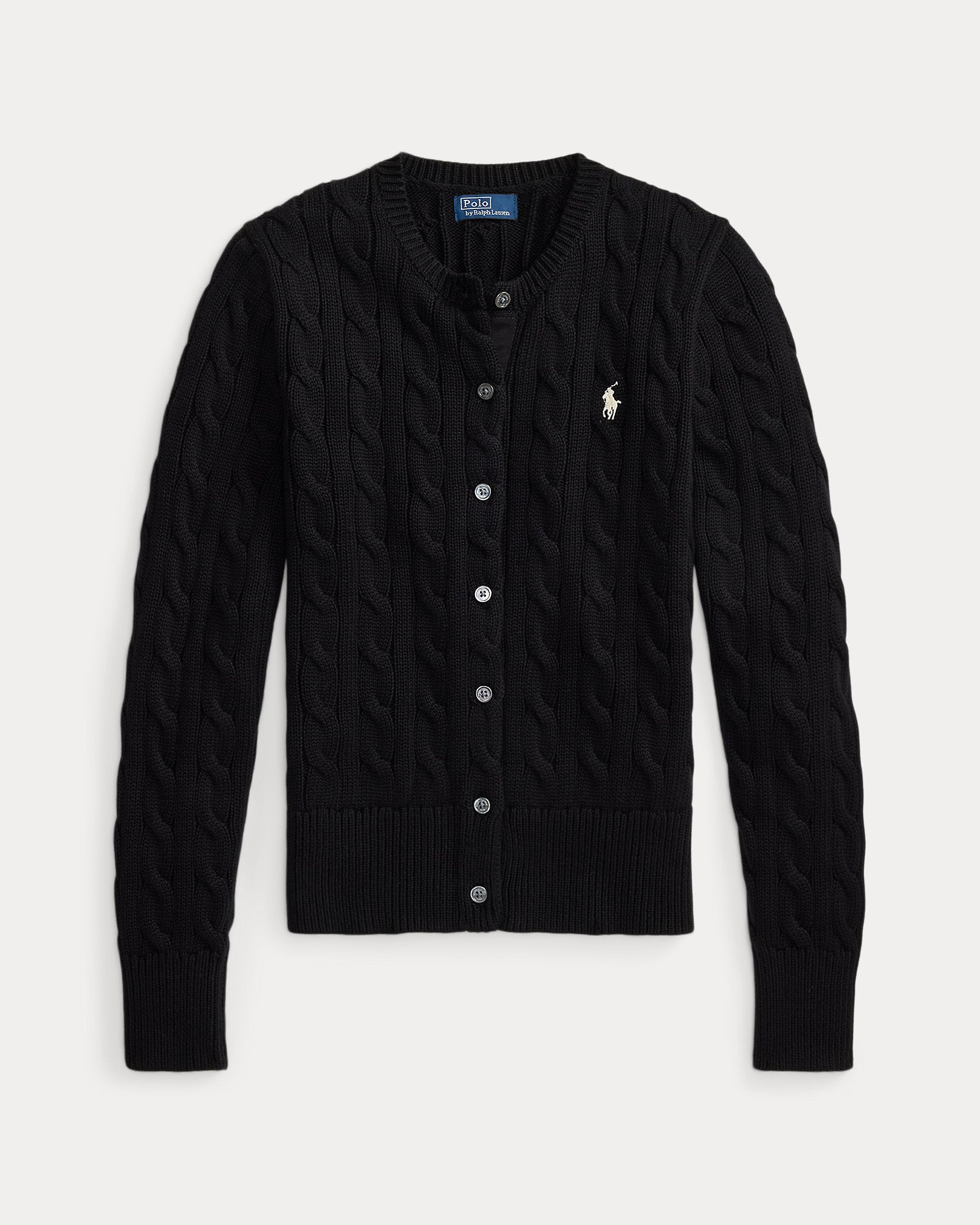 Ralph Lauren Cable-Knit Cotton Crewneck Cardigan- Polo Black
