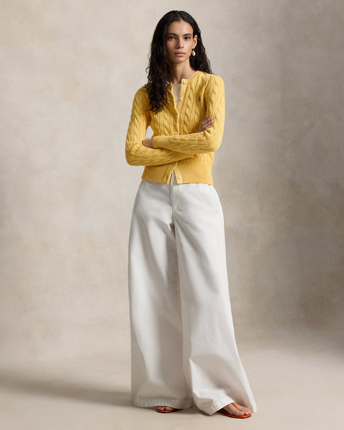 Ralph Lauren Women Cable-Knit Cotton Crewneck Cardigan  -  Beach Yellow