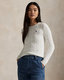 Ralph Lauren Women Cable-Knit Cotton Crewneck Sweater  - White
