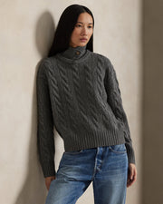 Ralph Lauren Women Cable-Knit Wool-Cashmere Polo Sweater-Flannel Grey Heather