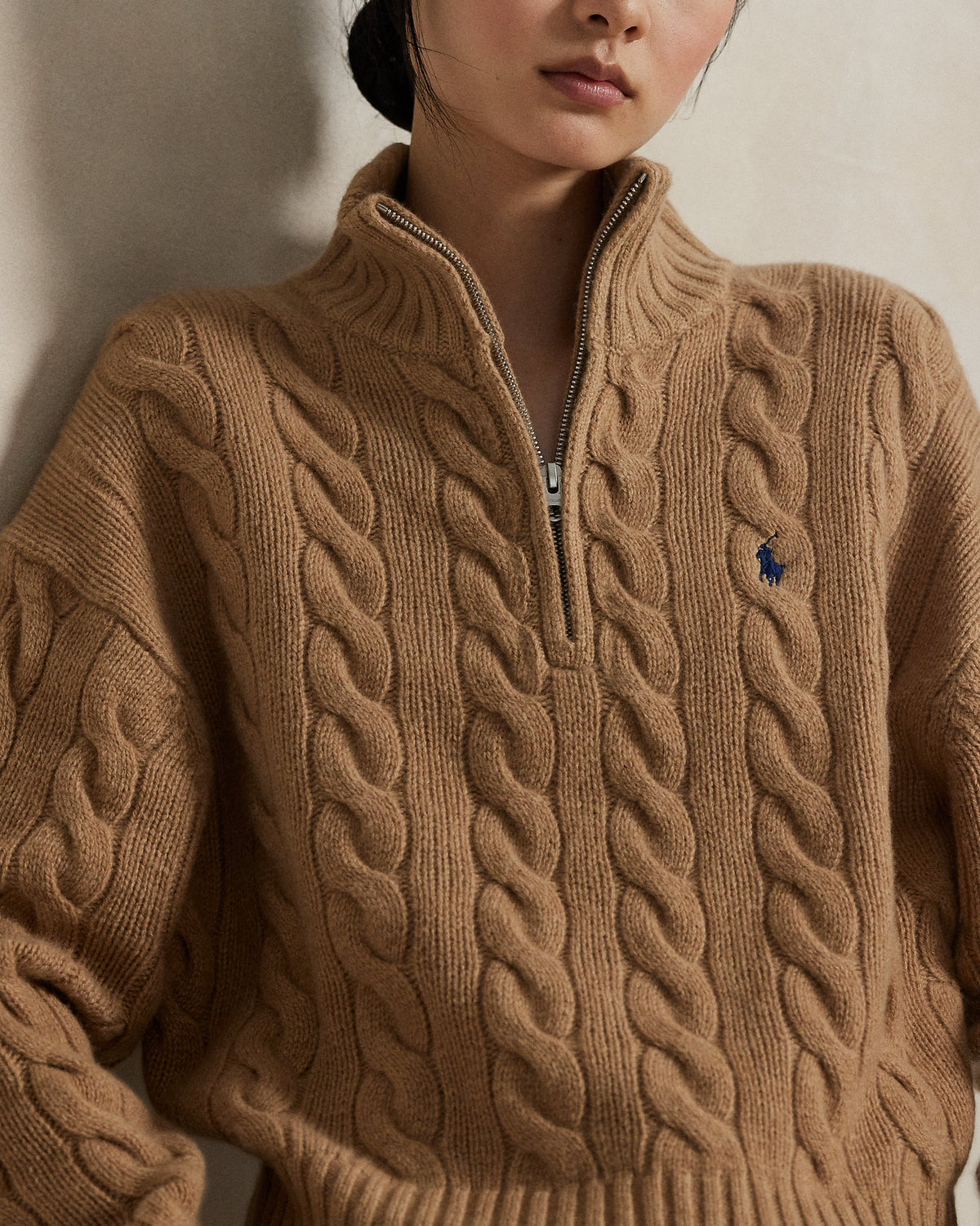 Ralp Lauren Women's Cable Wool-Cashmere Half-Zip Sweater-Collection Camel Melange