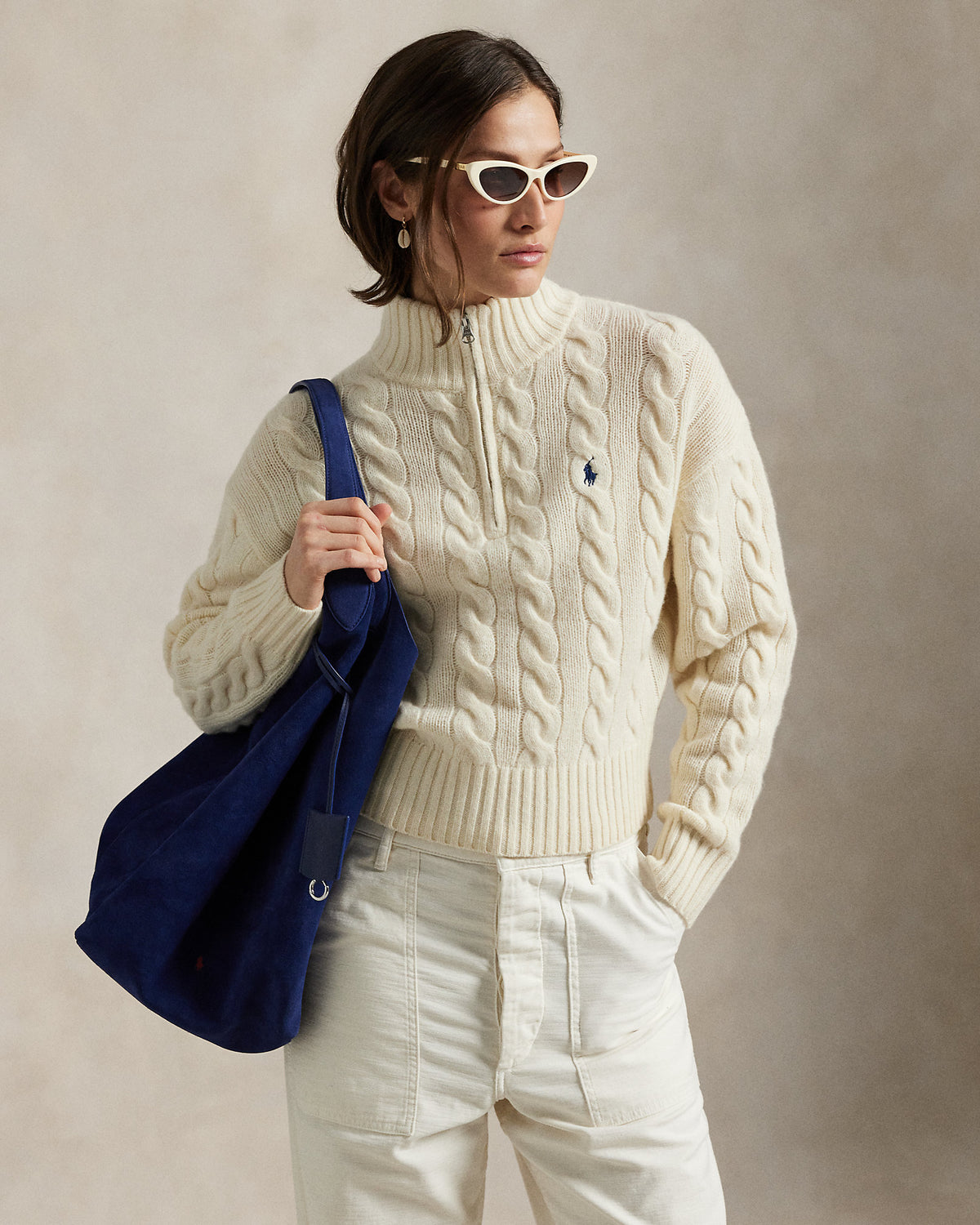 Ralp Lauren Women's Cable Wool-Cashmere Half-Zip Sweater- Authentic Cream