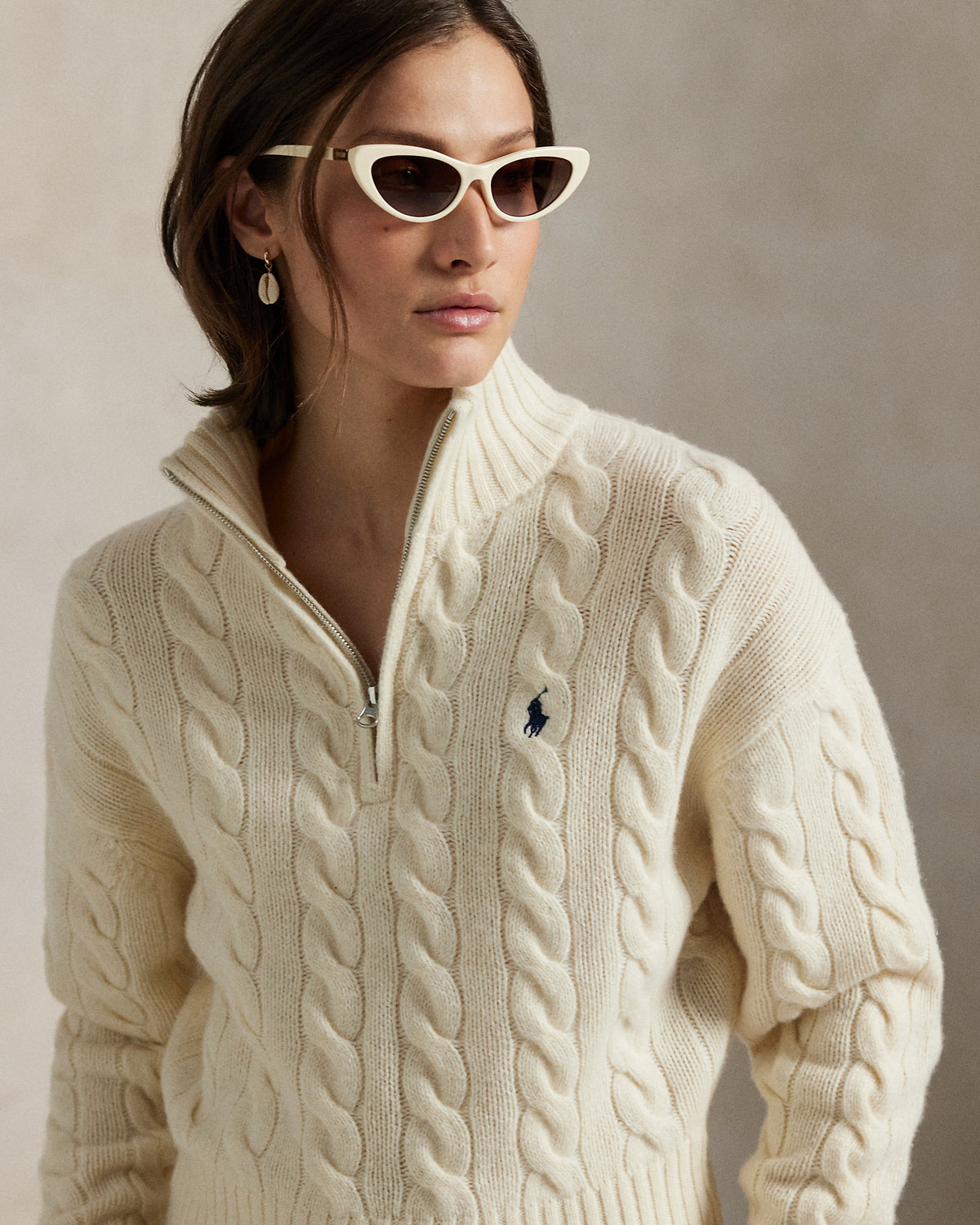 Ralp Lauren Women's Cable Wool-Cashmere Half-Zip Sweater- Authentic Cream