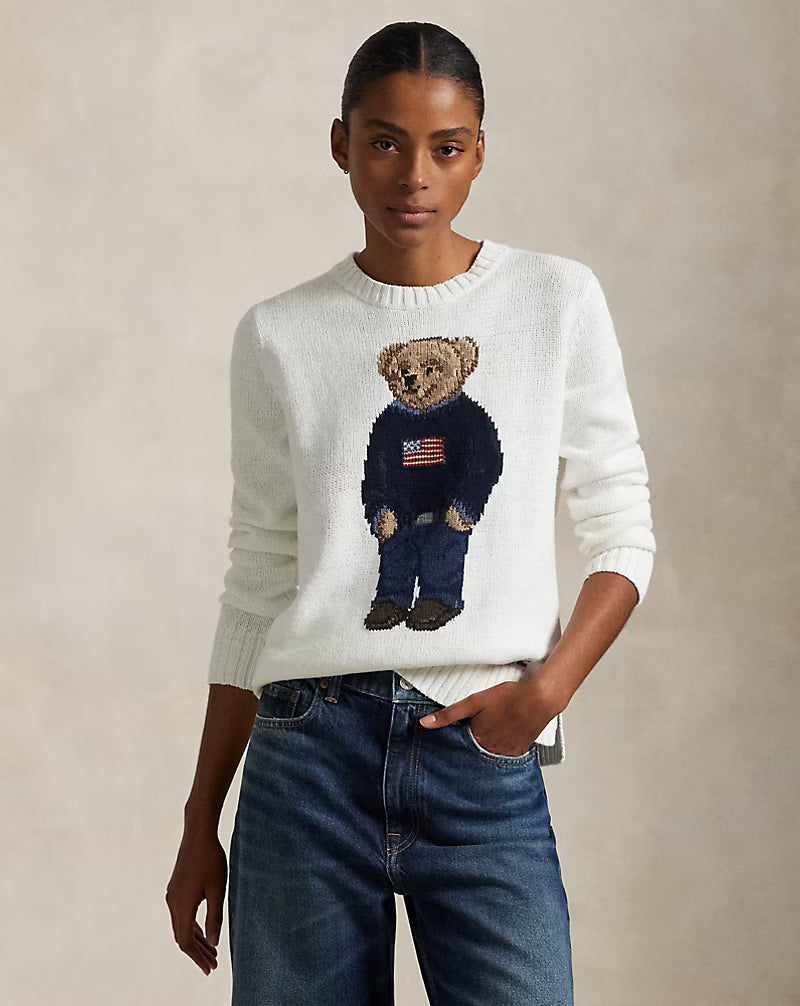 Ralph Lauren Women Polo Bear Cotton-Linen Sweater  -  Deckwash White Multi