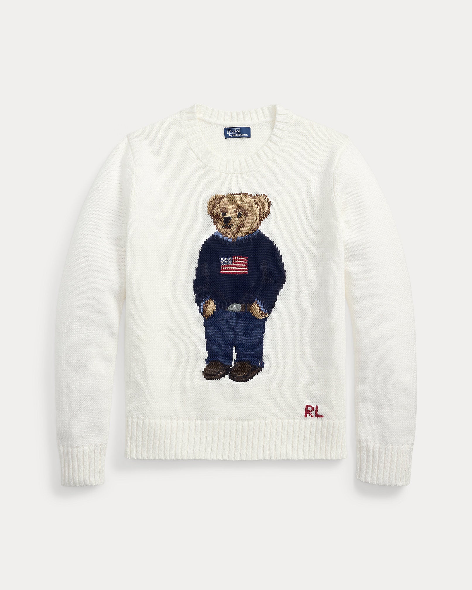Ralph Lauren Polo Bear Linen-Cotton Crewneck Sweater-Deckwash White Multi