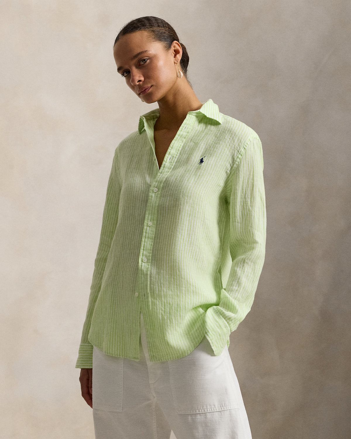 Ralph Lauren Women Classic Fit Striped Linen Shirt  -  Electric Lime/White