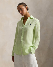 Ralph Lauren Women Classic Fit Striped Linen Shirt  -  Electric Lime/White