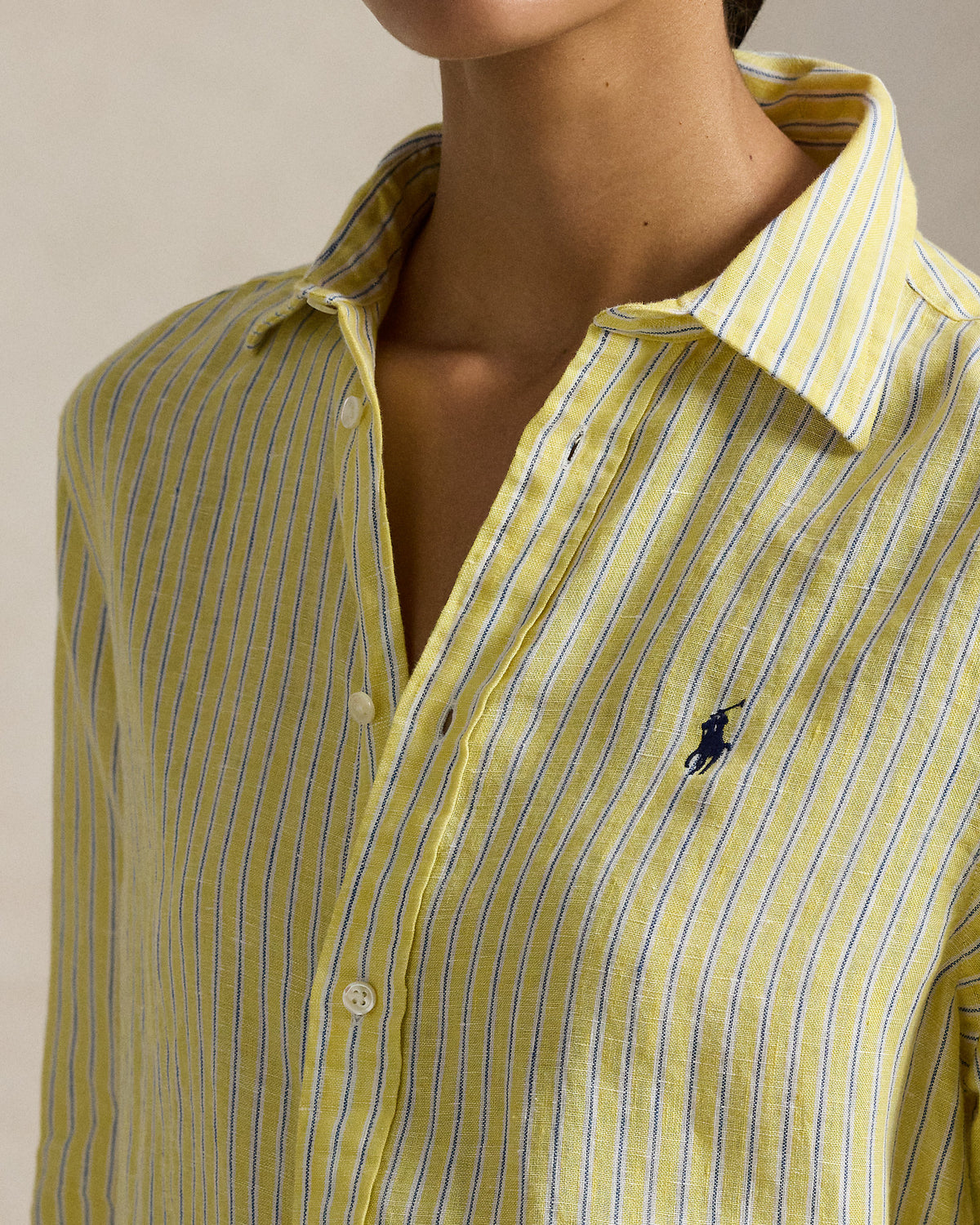 Ralph Lauren Women Classic Fit Striped Linen Shirt  -  Yellow/Blue/ White
