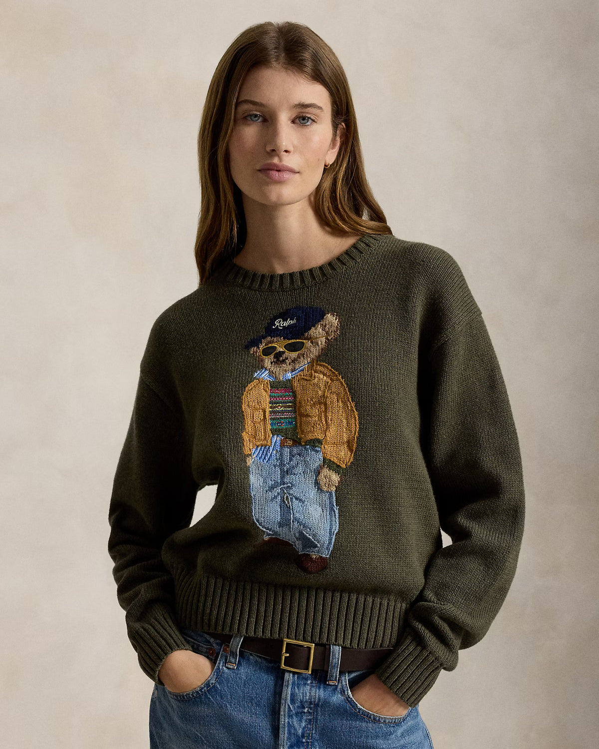 Ralph Lauren Women Polo Bear Cotton Crewneck Sweater  -  Marled Olive