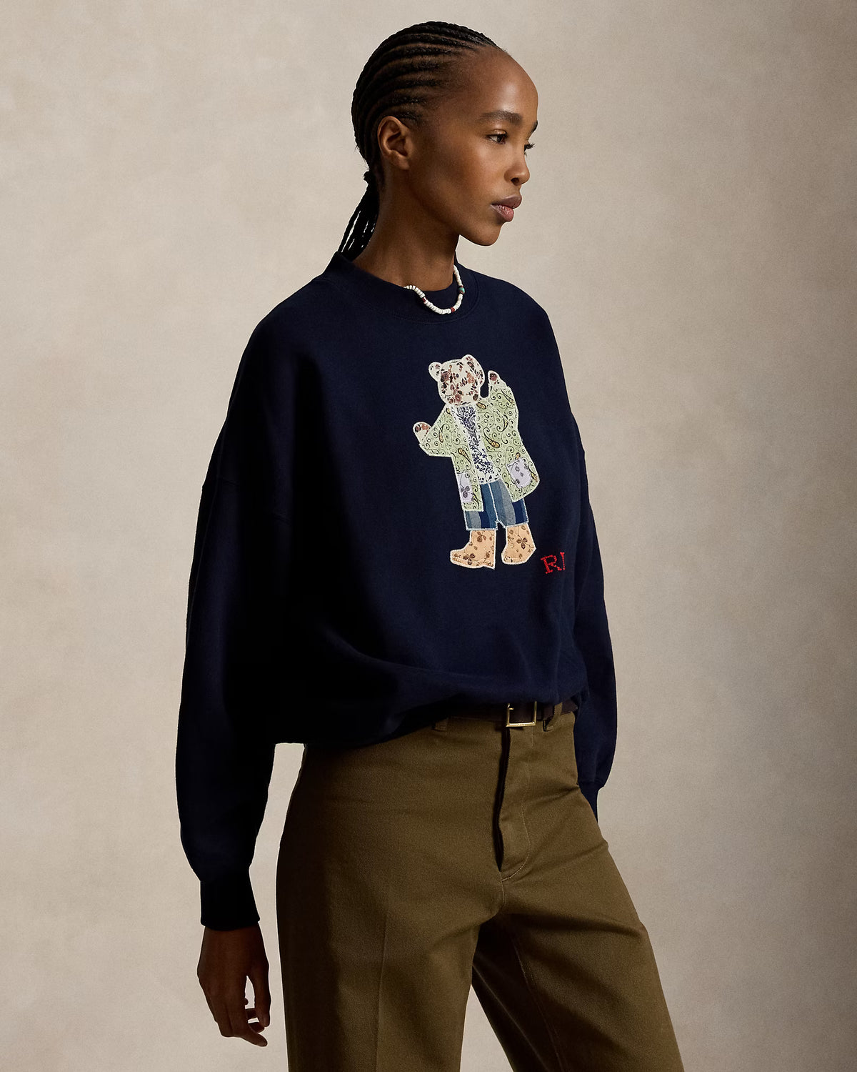 Ralph Lauren Women Patchwork Polo Bear Fleece Crewneck  - Hunter Navy