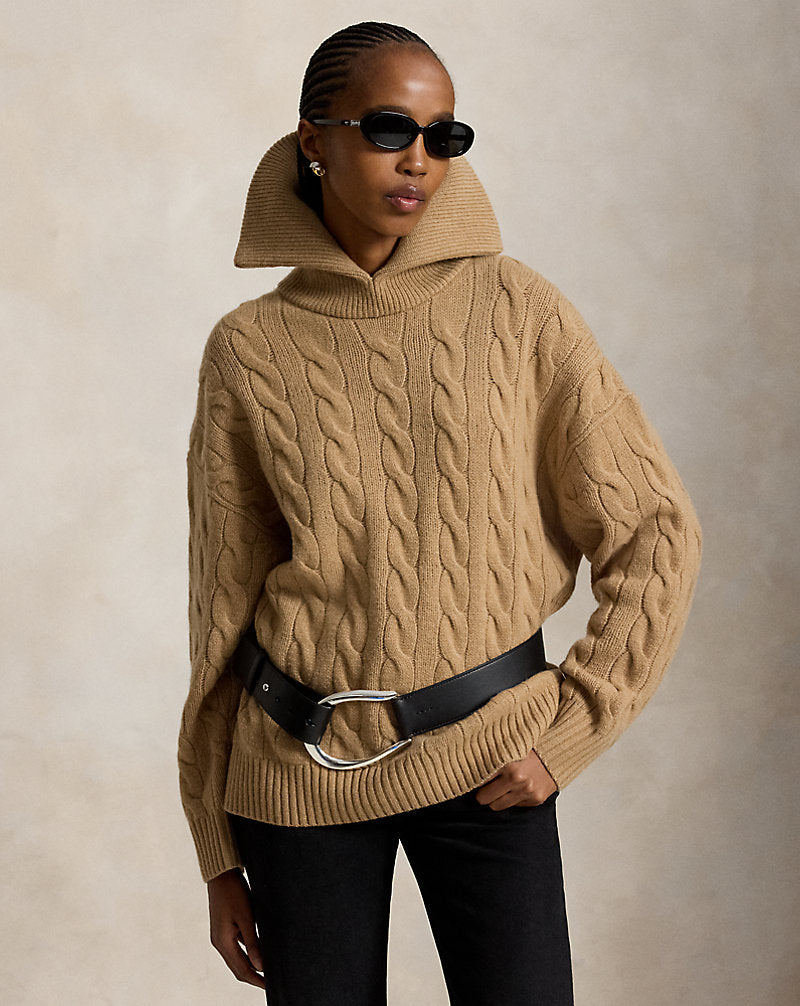 Ralph Lauren Wide-Collar Cable Wool-Cashmere Sweater  - Collection Camel Melange