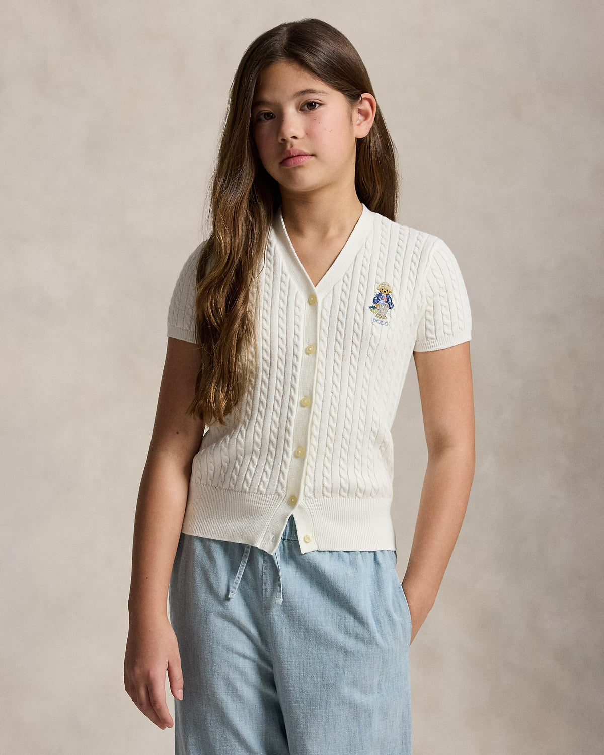 Ralph Lauren Girl's Polo Bear Cable Cotton V-Neck Cardigan  -  Deckwash White