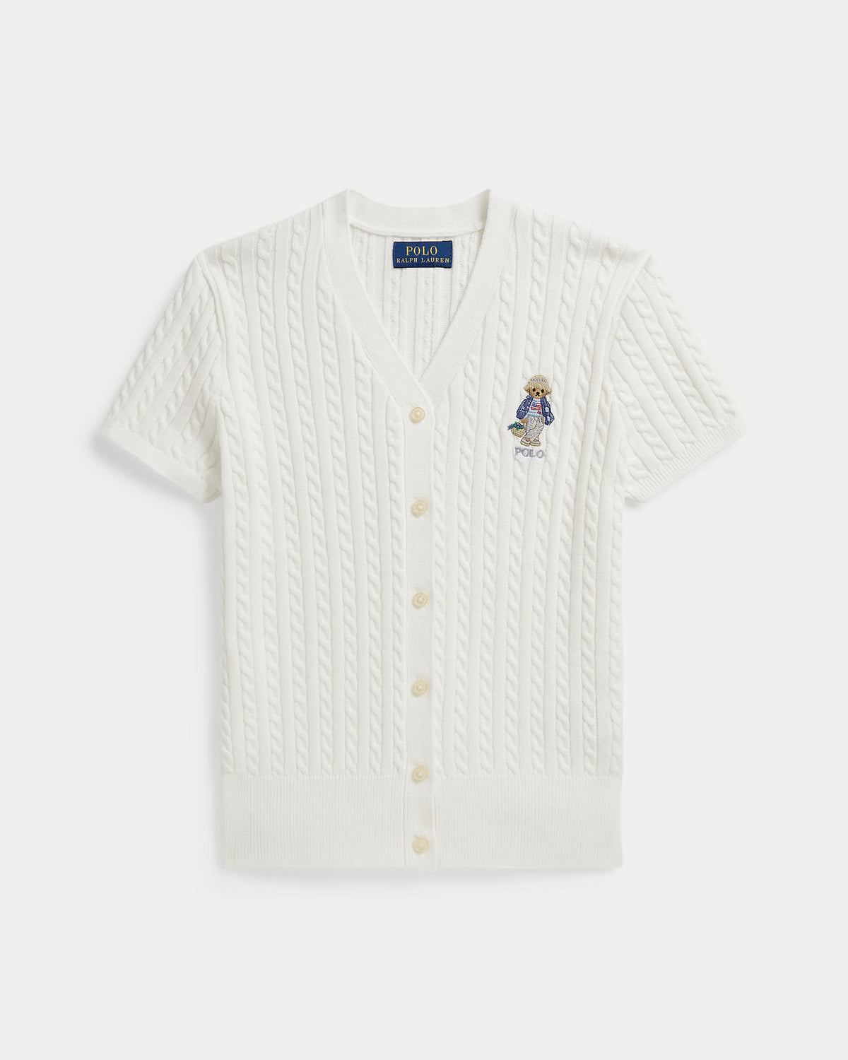 Ralph Lauren Girl's Polo Bear Cable Cotton V-Neck Cardigan  -  Deckwash White