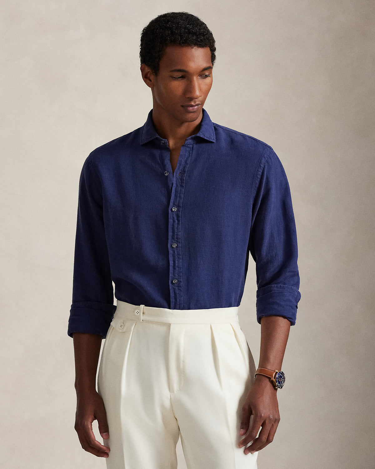 Ralph Lauren Men's Classic Fit Slub Linen Shirt  -  Newport Navy