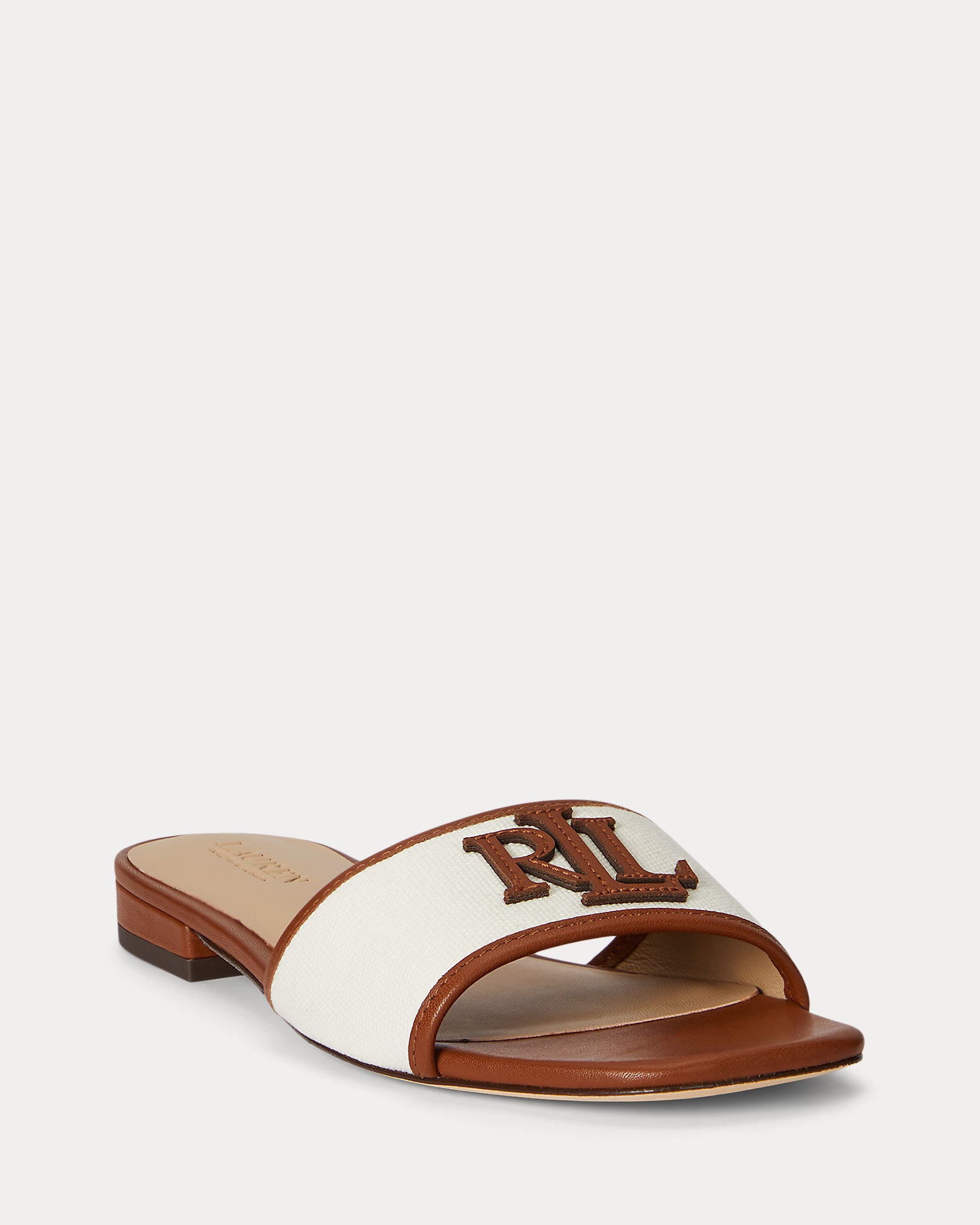 Ralp Lauren Everley Leather-Trim Canvas Slide Sandal  -  Natural/Lauren Tan